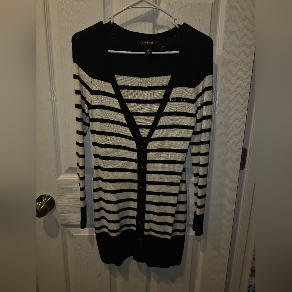 White House Black Market Black and Cream Striped Cardigan